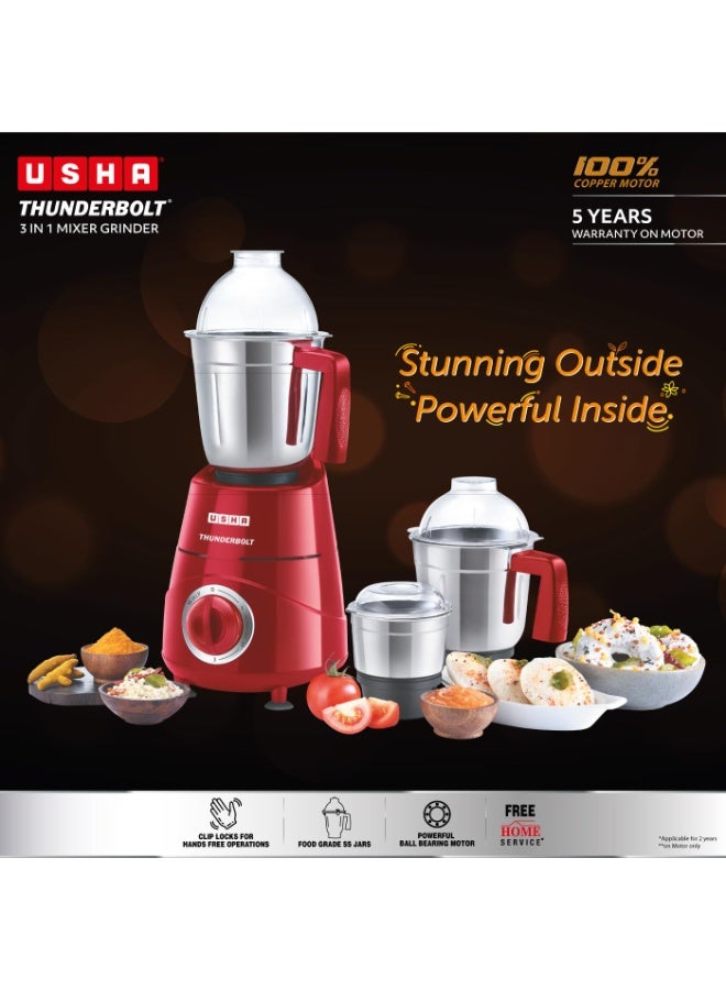 أوشا USHA Thunderbolt 800-Watt Copper Motor Mixer Grinder with 3 Jars and 5 Years Motor Warranty(Red) - Image 4